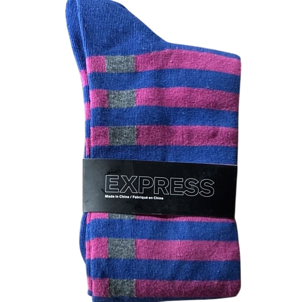 Express Men's Striped Crew Socks Blue Pink Gray Size 8-12 Cotton Blend